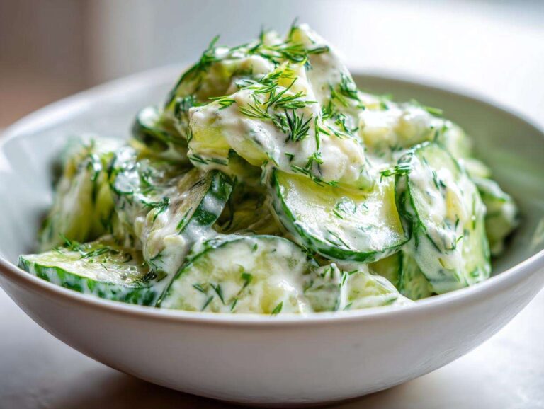 Close-up of a white bowl filled with creamy German cucumber salad, garnished with fresh dill.