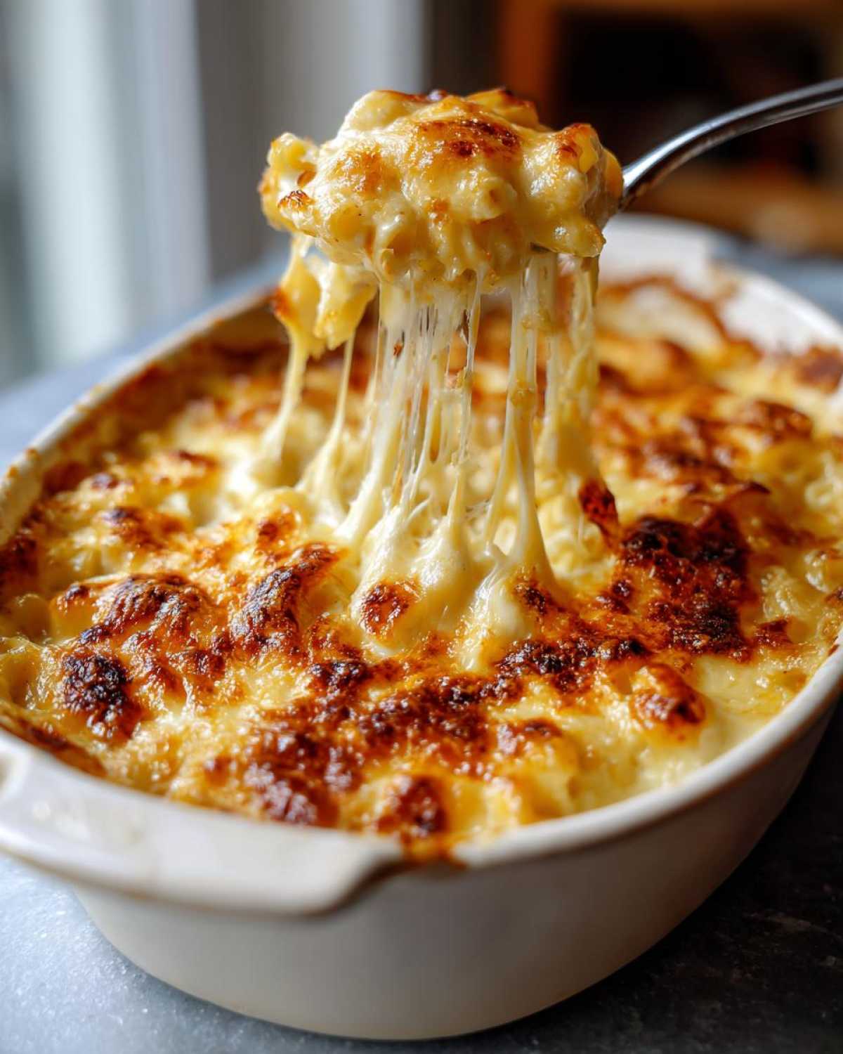 Spoon pulling up creamy mac and cheese recipe from a casserole dish, showing cheese pull.