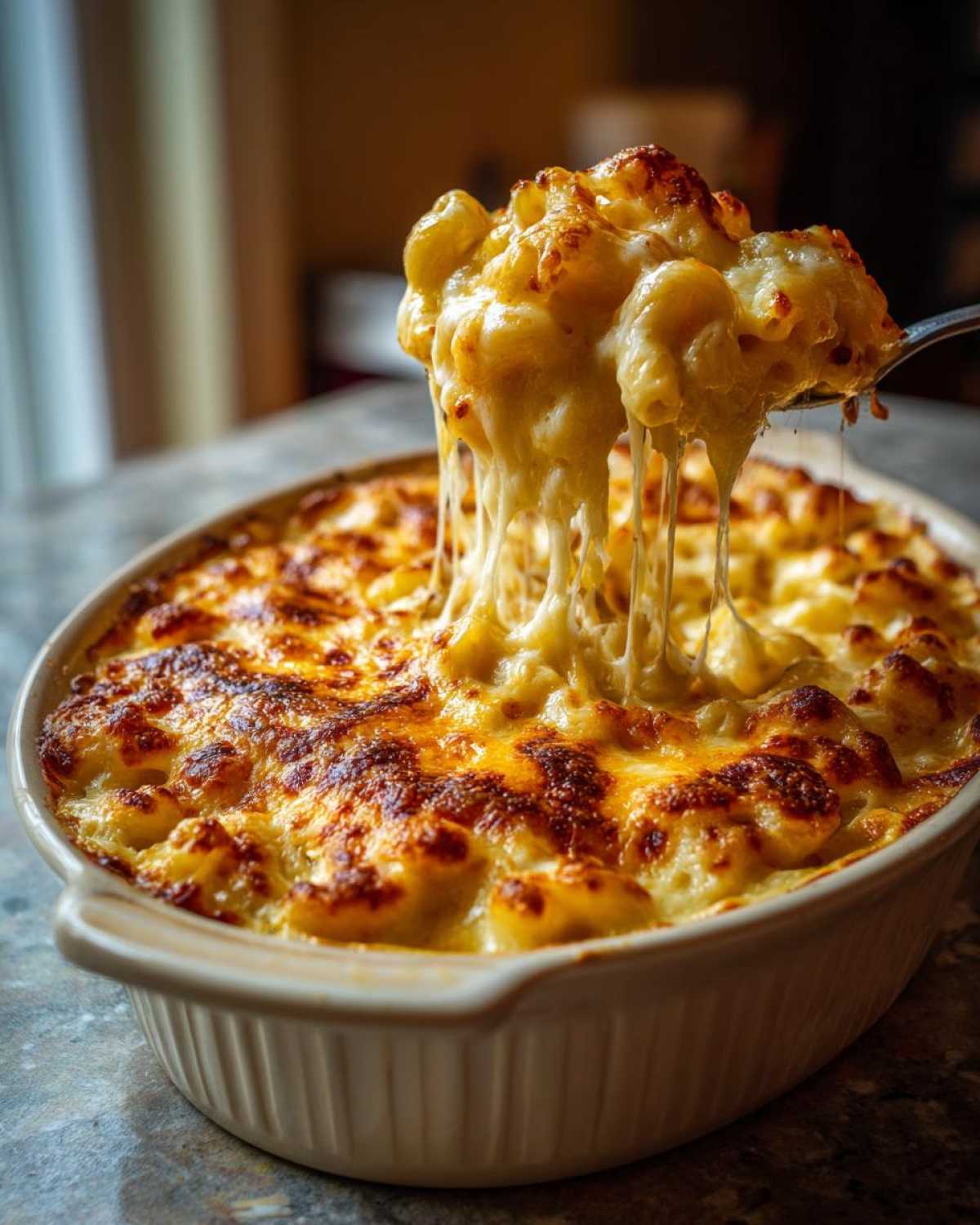 Spoonful of creamy mac and cheese recipe being lifted from a baking dish, showing cheesy strings.
