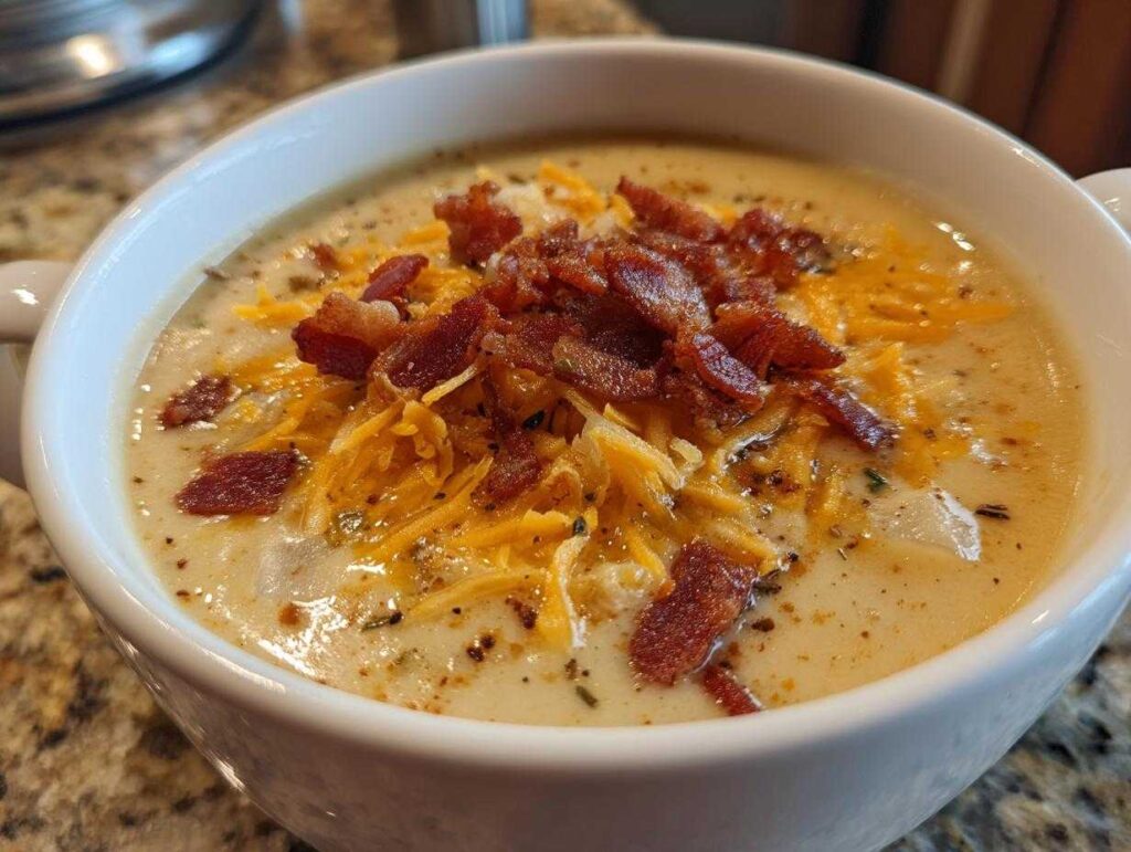 A bowl of creamy potato soup topped with crispy bacon and shredded cheddar cheese.