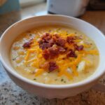 A bowl of creamy potato soup topped with cheddar cheese and crispy bacon bits.