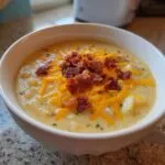 A bowl of creamy potato soup topped with cheddar cheese and crispy bacon bits.