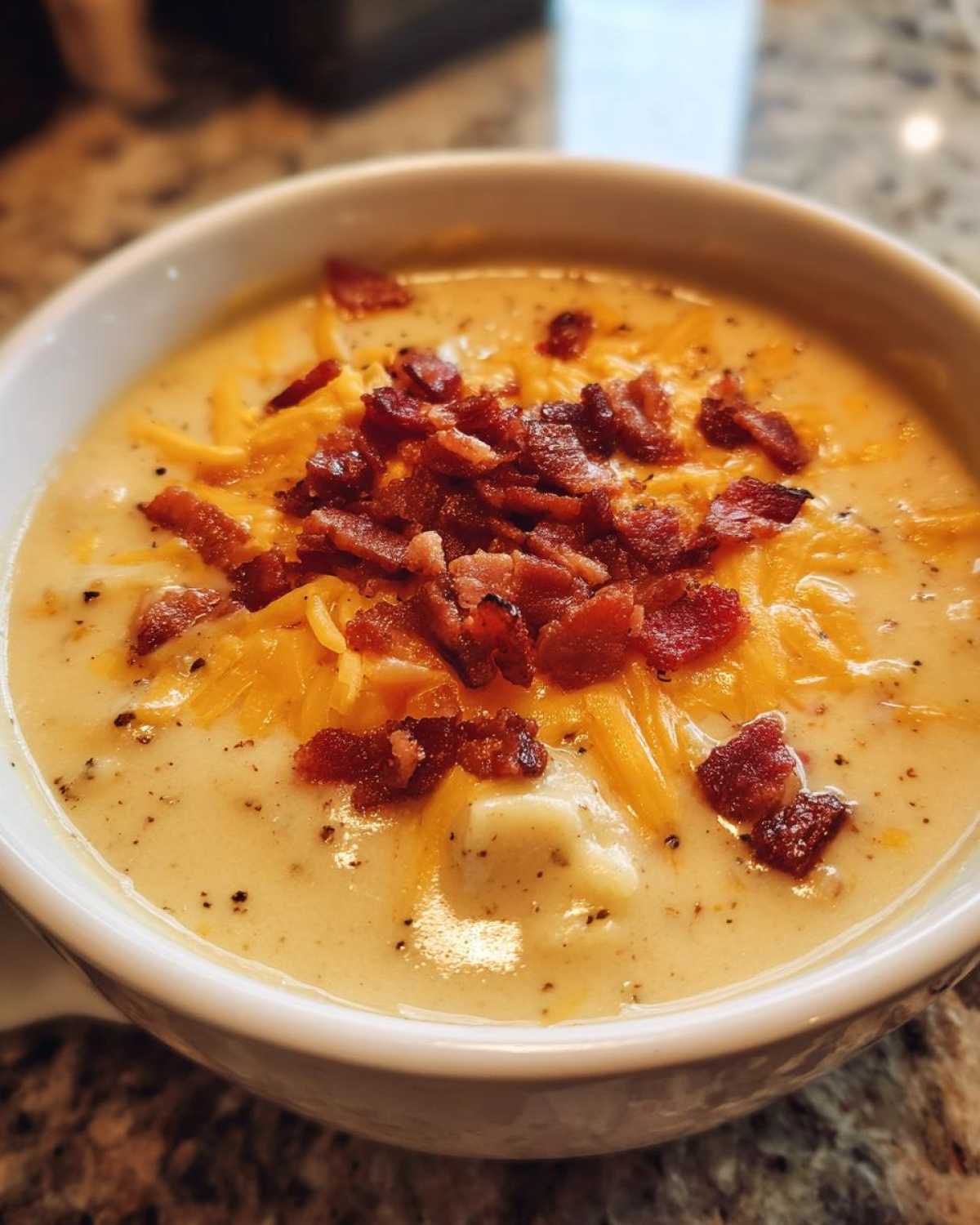 Bowl of creamy potato soup topped with crispy bacon and shredded cheddar cheese.