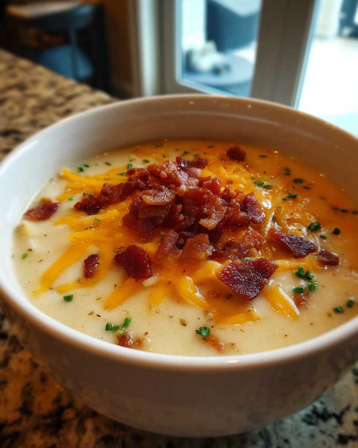 Bowl of creamy potato soup topped with crispy bacon, shredded cheddar cheese, and fresh chives.