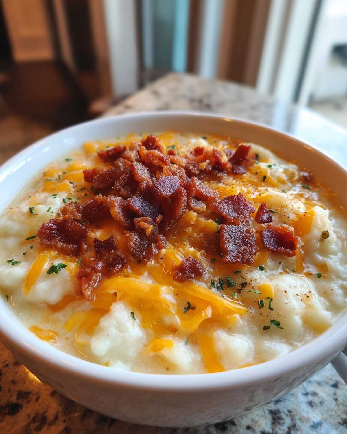 Bowl of creamy potato soup topped with crispy bacon and shredded cheese. Comfort food at its finest!
