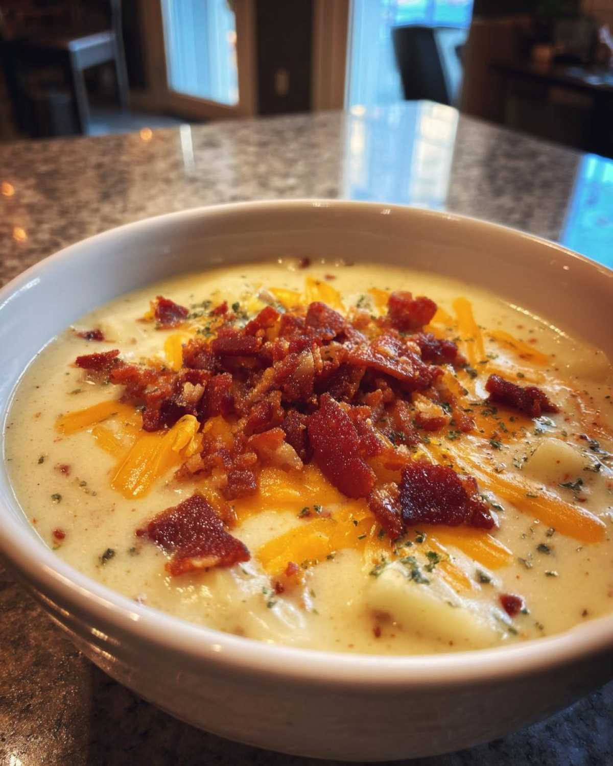 A bowl of creamy potato soup topped with crispy bacon, shredded cheese, and herbs.