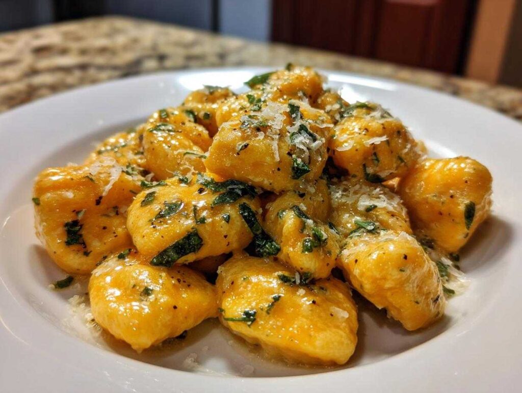 A plate of creamy pumpkin gnocchi, garnished with herbs and cheese. Delicious fall comfort food.
