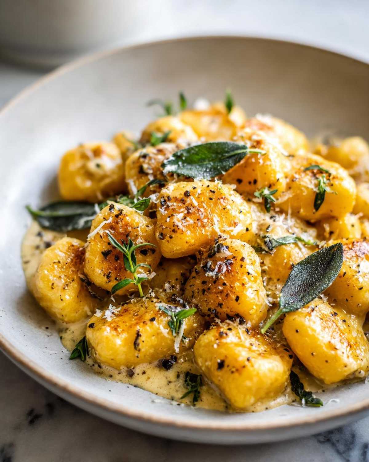 Close-up of creamy pumpkin gnocchi in a bowl, garnished with sage, thyme, and parmesan cheese.