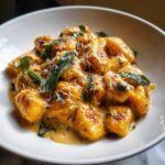 A bowl of creamy pumpkin gnocchi, topped with sage leaves and grated Parmesan cheese.