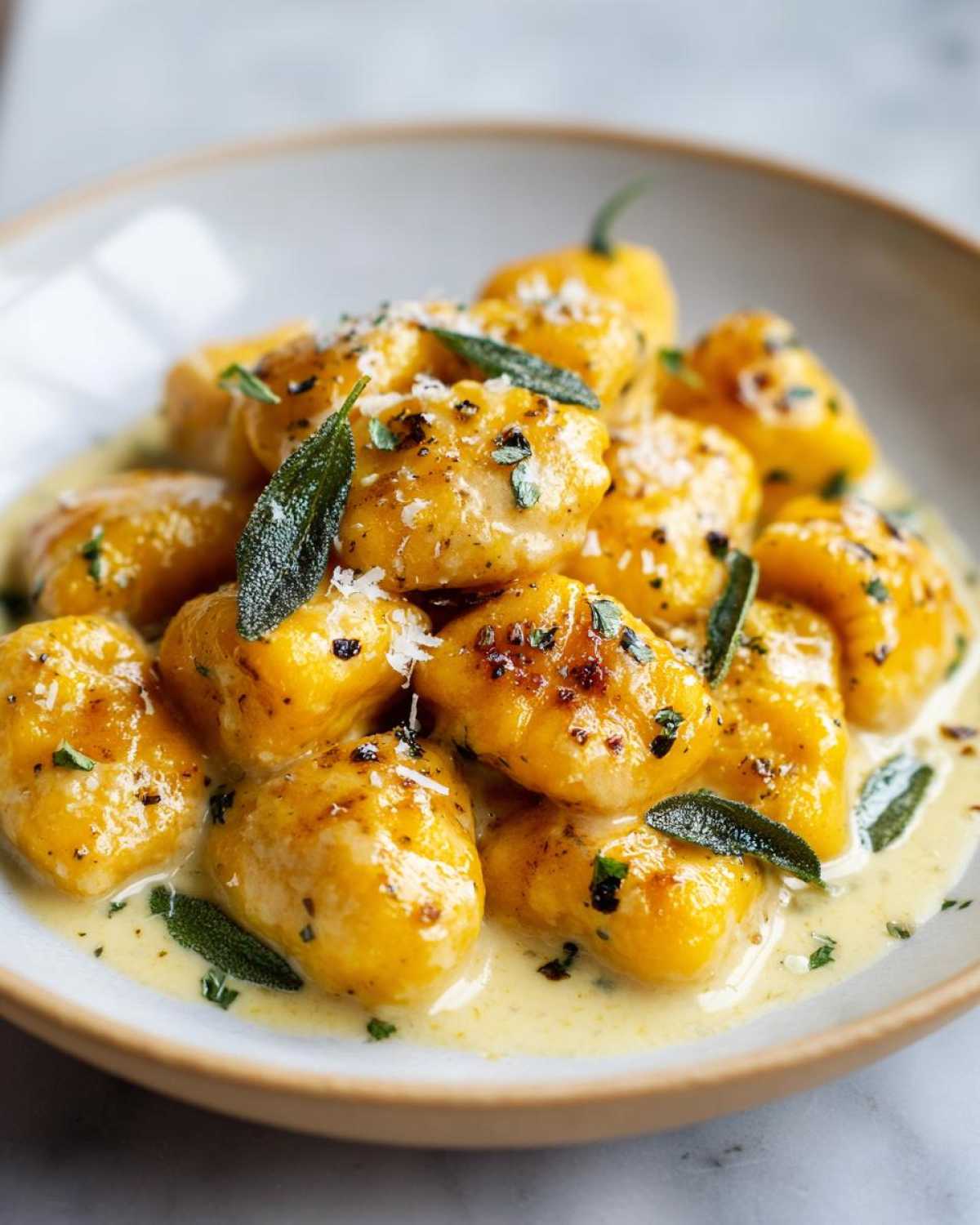 Close-up of pumpkin gnocchi in a creamy sauce, garnished with sage and parmesan cheese.