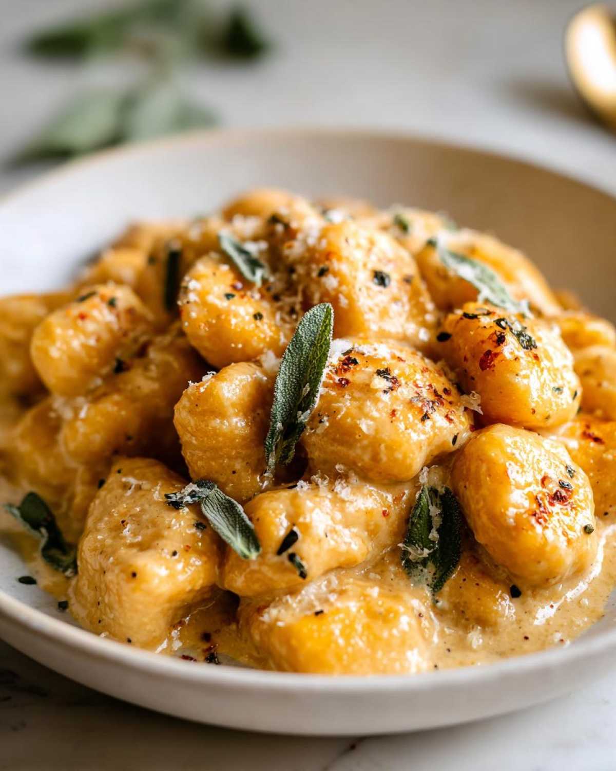 Close-up of creamy pumpkin gnocchi in a bowl, garnished with sage and parmesan cheese.