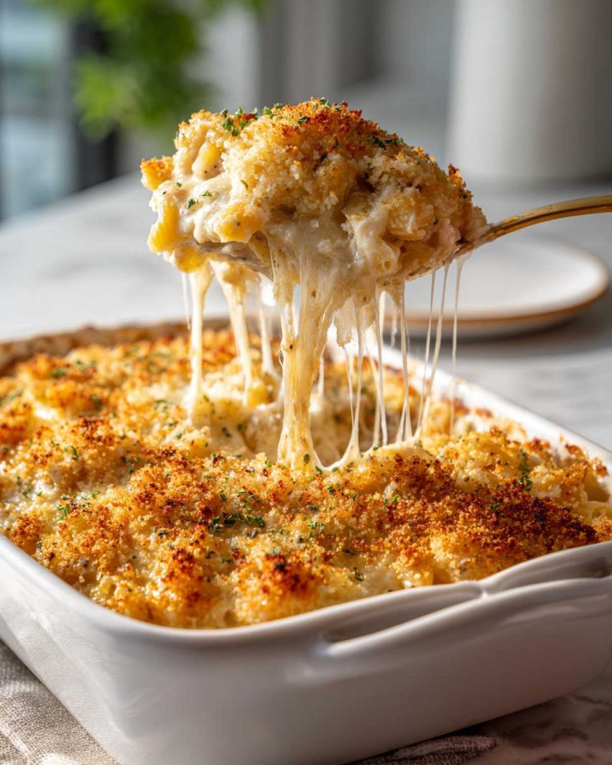 A golden spoon lifting a generous scoop of creamy tuna bake from a white baking dish, showing stretchy melted cheese and crispy breadcrumbs.