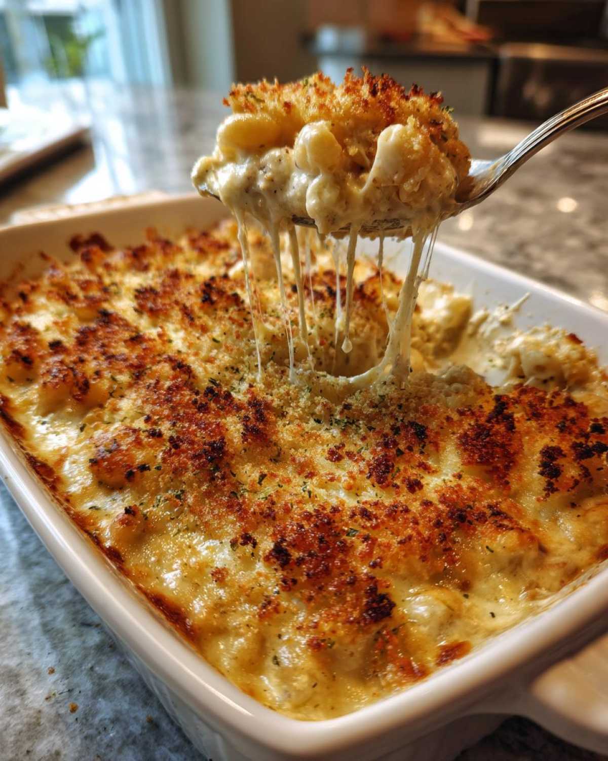 A spoonful of creamy tuna bake being lifted from a baking dish, showing gooey melted cheese and a golden breadcrumb topping.