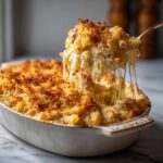 A spoonful of creamy, cheesy tuna bake being lifted from a baking dish, showing melted cheese strings and a golden breadcrumb topping.