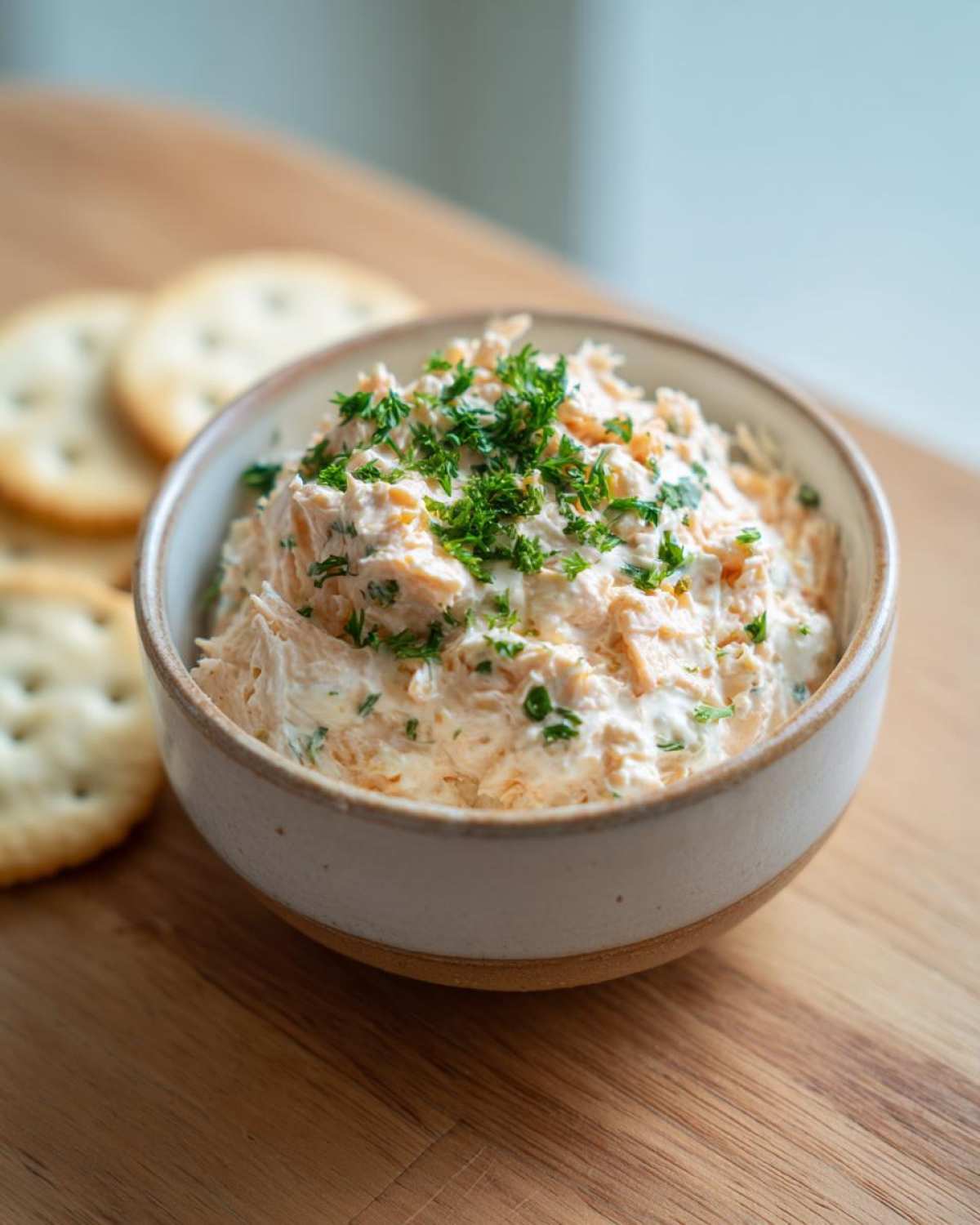 A close-up shot of a white bowl filled with creamy tuna dip, garnished with fresh chopped parsley, with crackers in the background.