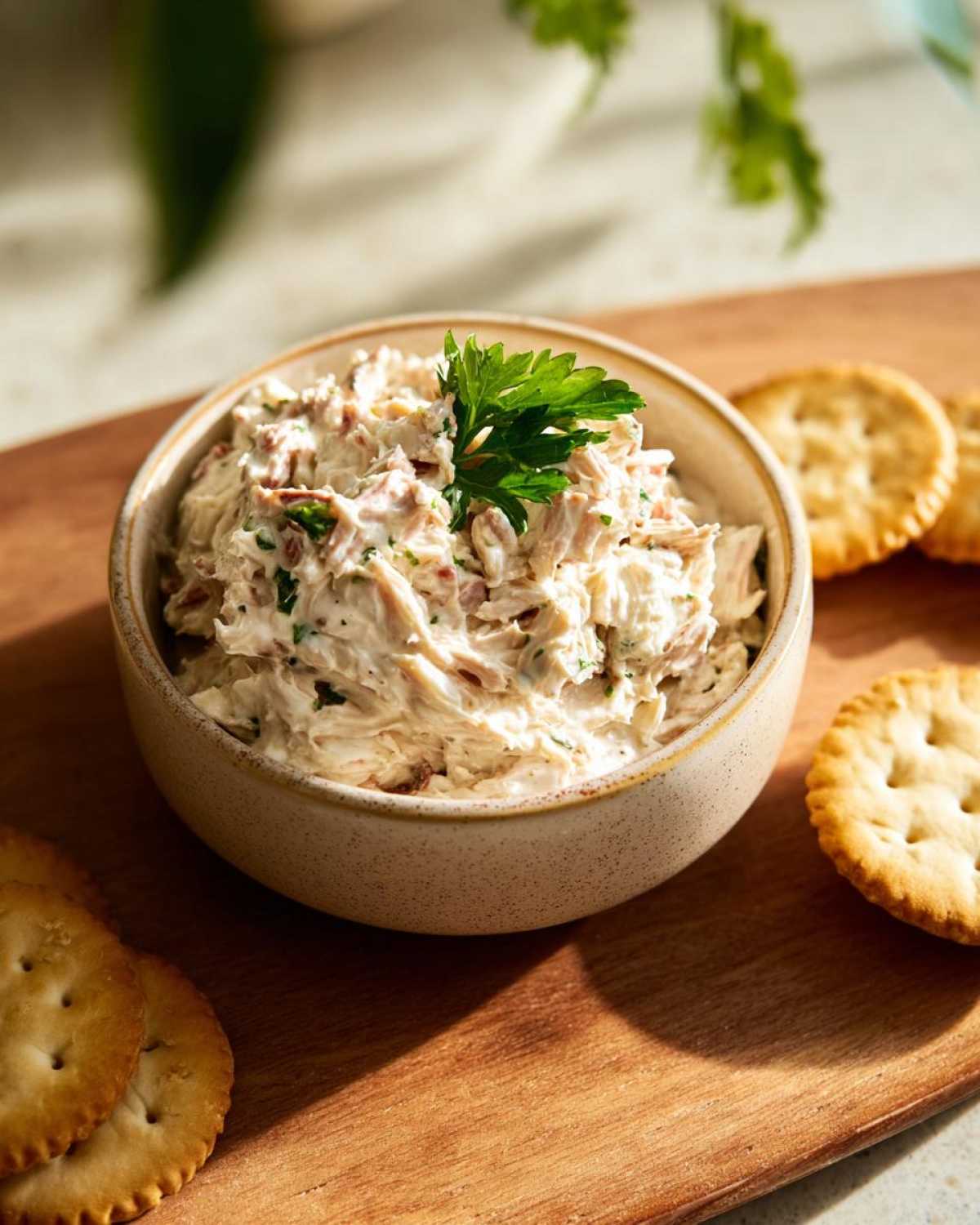 A bowl of creamy tuna dip garnished with fresh parsley, surrounded by round crackers on a wooden board.