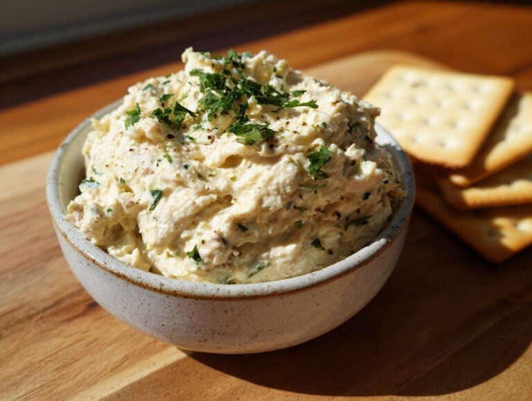 A bowl of creamy tuna dip garnished with fresh parsley, next to a stack of square crackers on a wooden board.