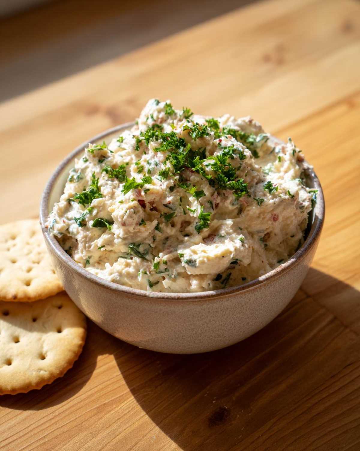 A bowl of creamy tuna dip garnished with fresh parsley on a wooden surface with crackers.