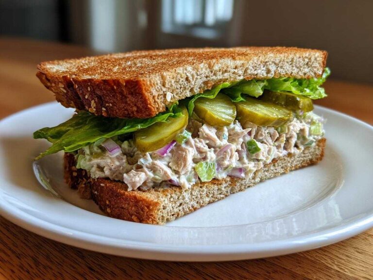 A delicious tuna fish sandwich on toasted whole wheat bread with lettuce, pickles, and creamy tuna salad.