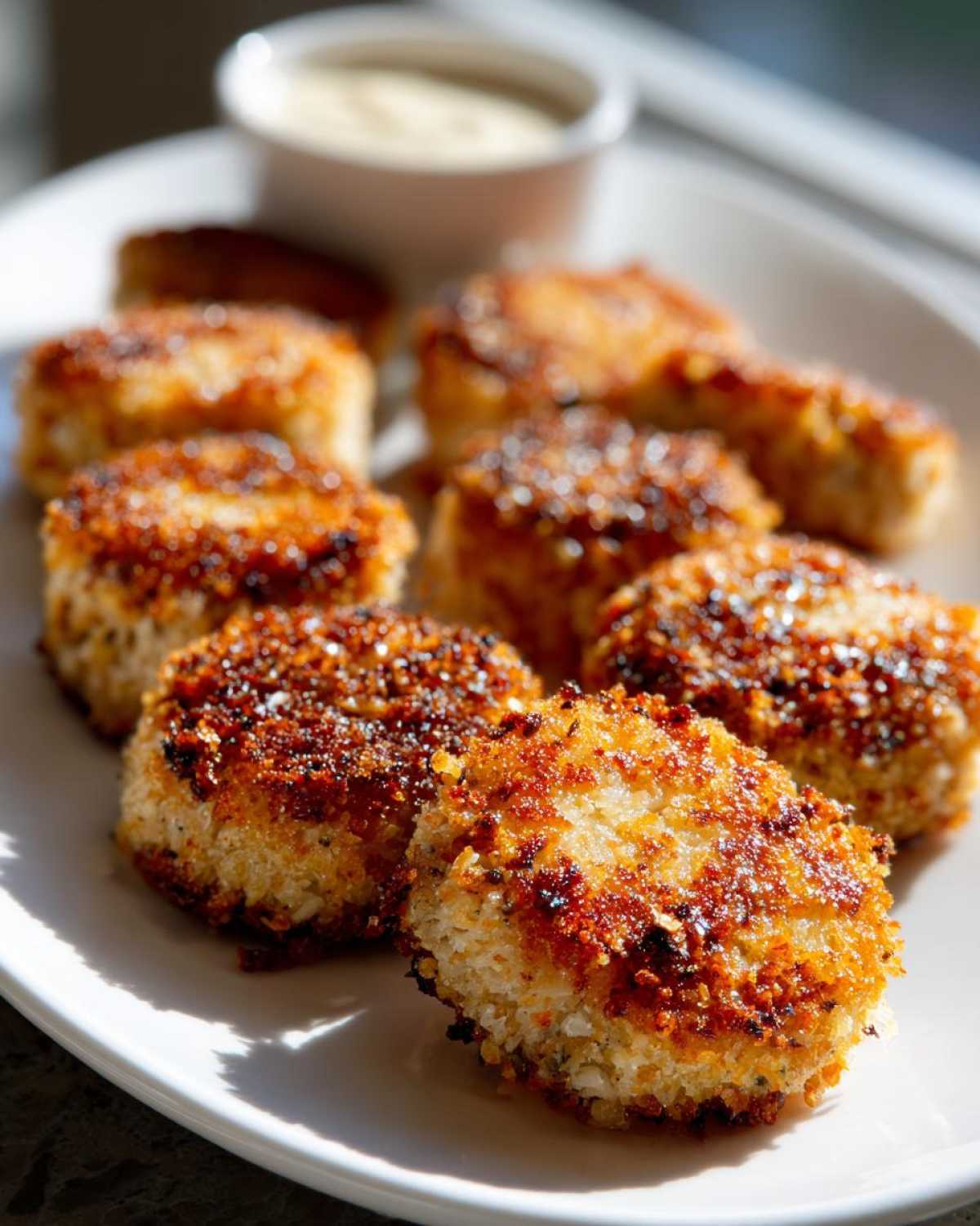 Close-up of several golden-brown, crispy tuna bites on a white plate, with a small dish of dipping sauce in the background.