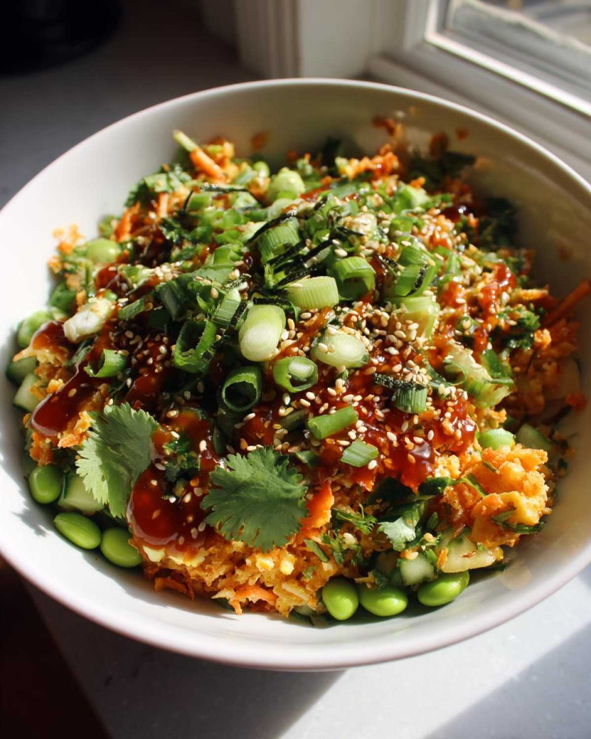 A vibrant bowl of crispy rice salad with edamame, cucumber, carrots, green onions, cilantro, sesame seeds, and a savory sauce.