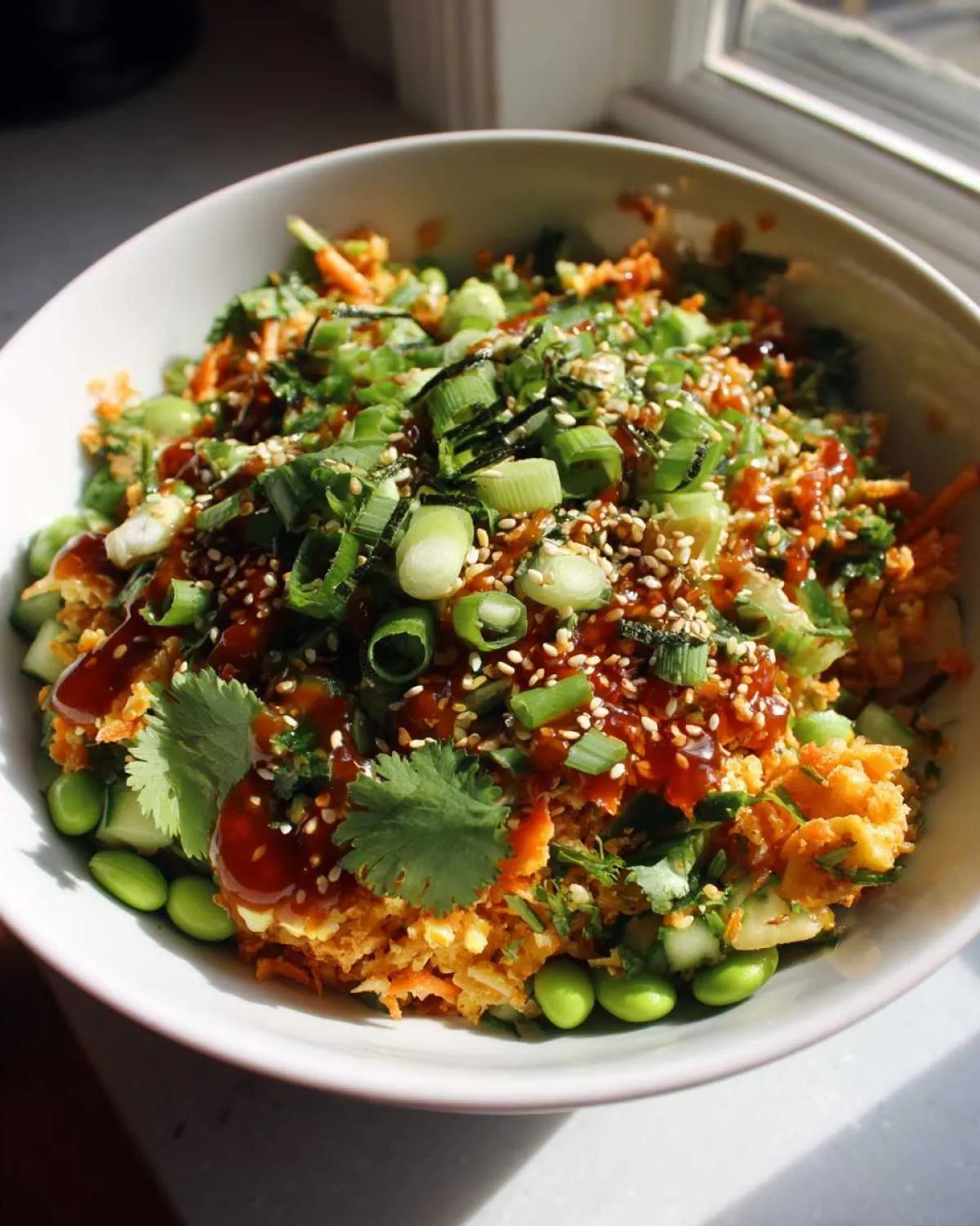 A vibrant bowl of crispy rice salad with edamame, cucumber, carrots, green onions, cilantro, sesame seeds, and a savory sauce.