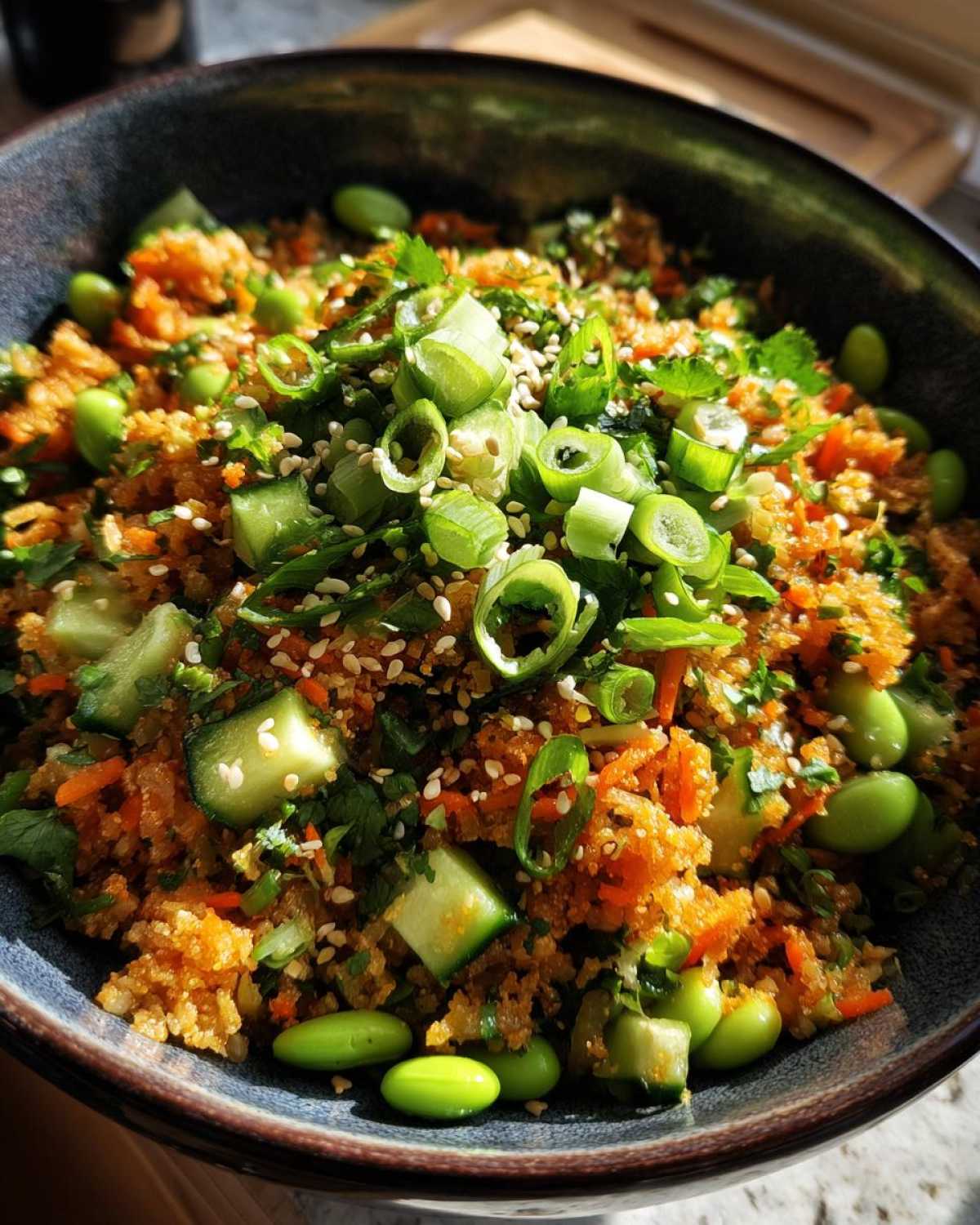 Close-up of a vibrant bowl of crispy rice salad with edamame, cucumber, scallions, and sesame seeds.