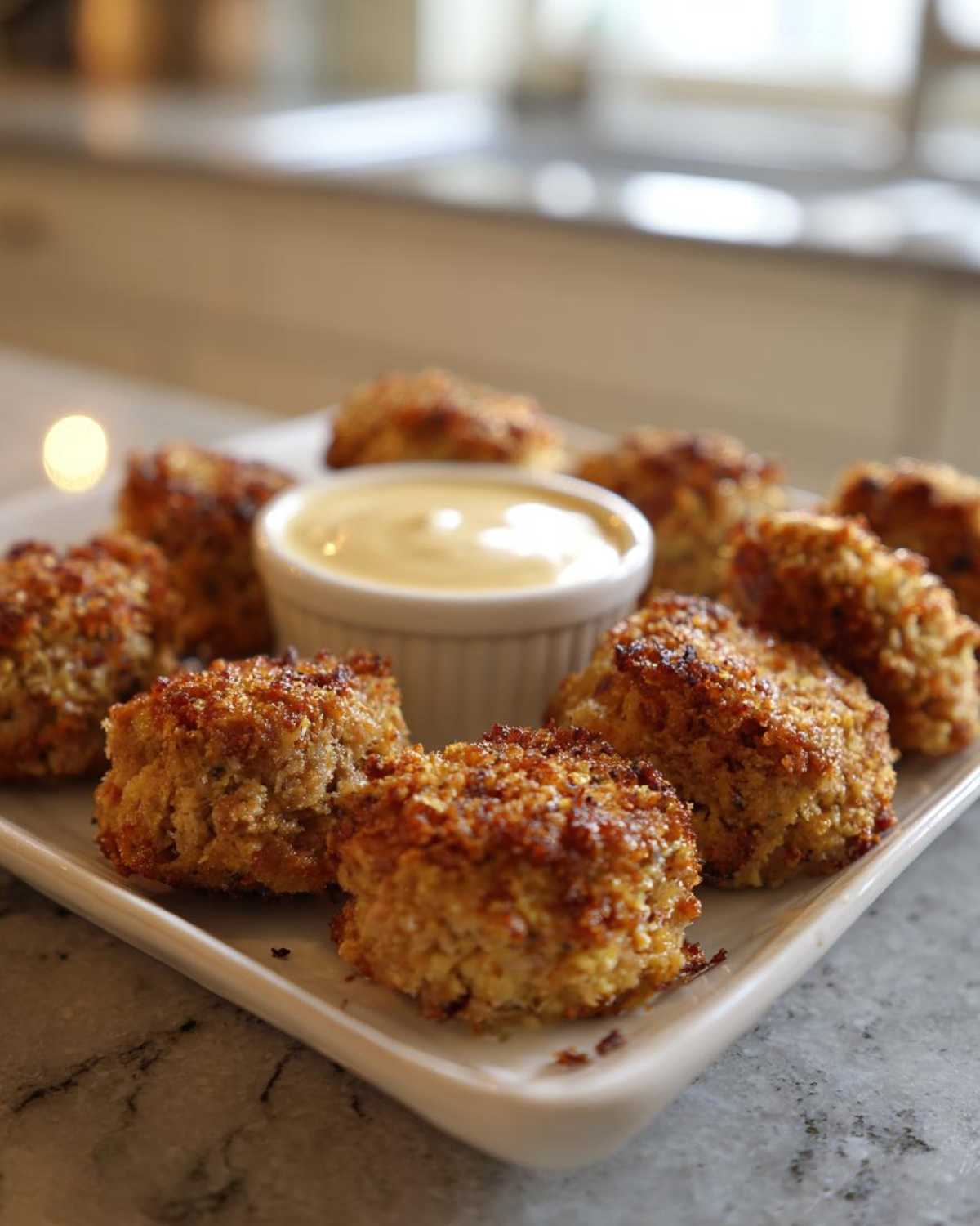 A close-up shot of crispy, golden-brown tuna bites arranged on a white rectangular plate with a small bowl of yellow dipping sauce in the center.
