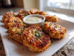 A plate of golden-brown, crispy tuna bites garnished with herbs and a small bowl of creamy dipping sauce.