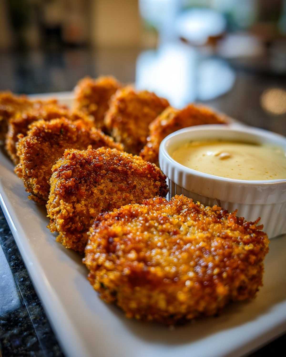 Close-up of golden brown, crispy tuna bites on a white platter with a small bowl of yellow dipping sauce.