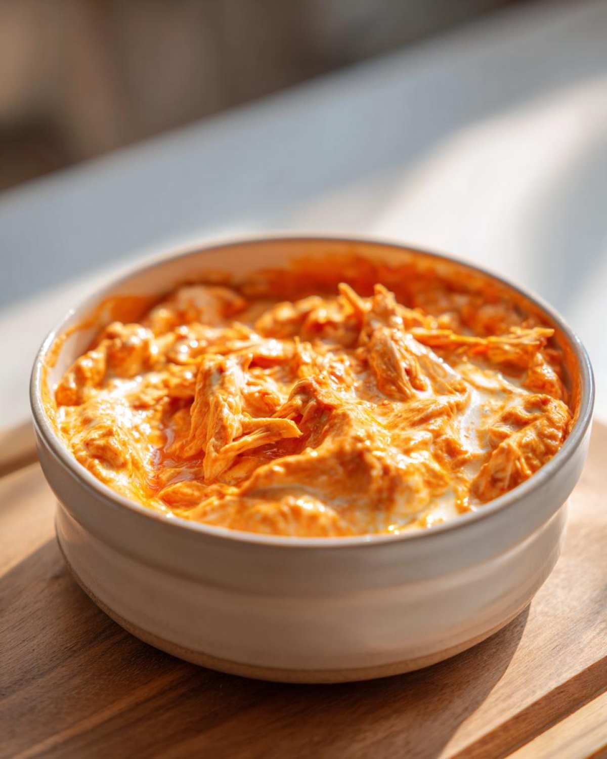 A close-up shot of a white bowl filled with creamy orange crockpot buffalo chicken dip, sitting on a wooden board.