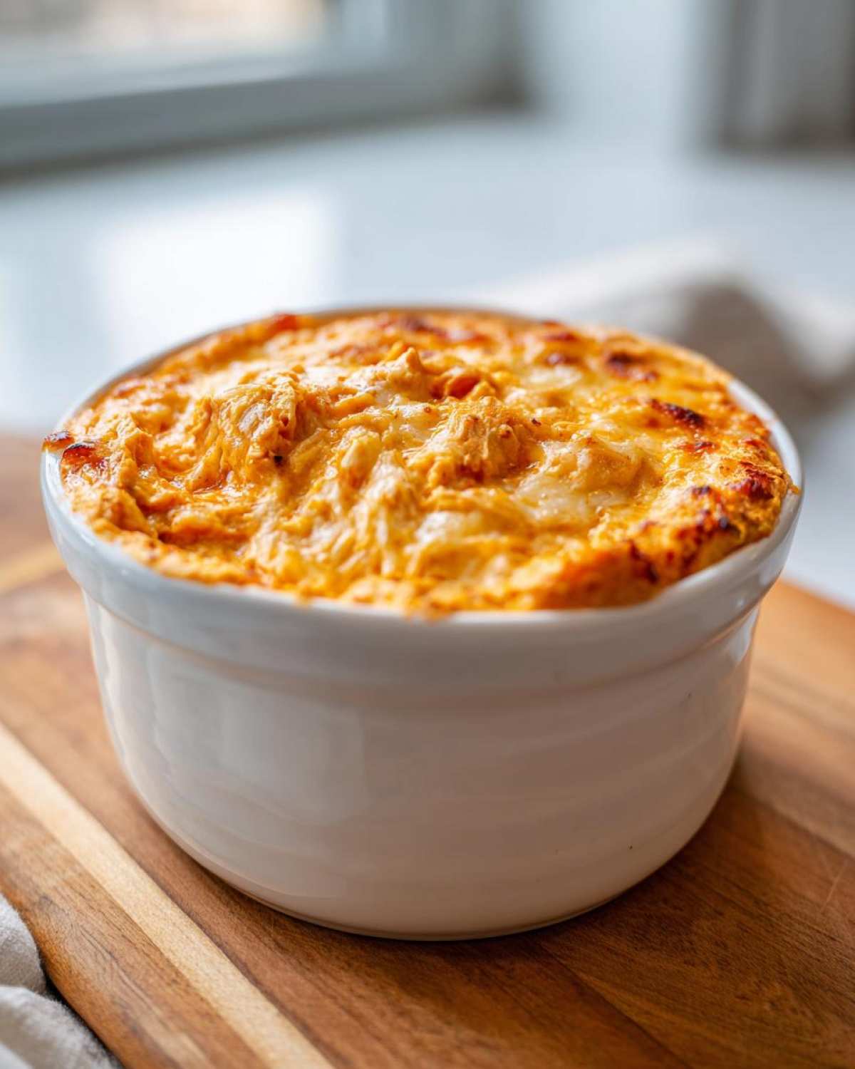 A close-up of a bubbling hot crockpot buffalo chicken dip in a white ceramic bowl on a wooden board.
