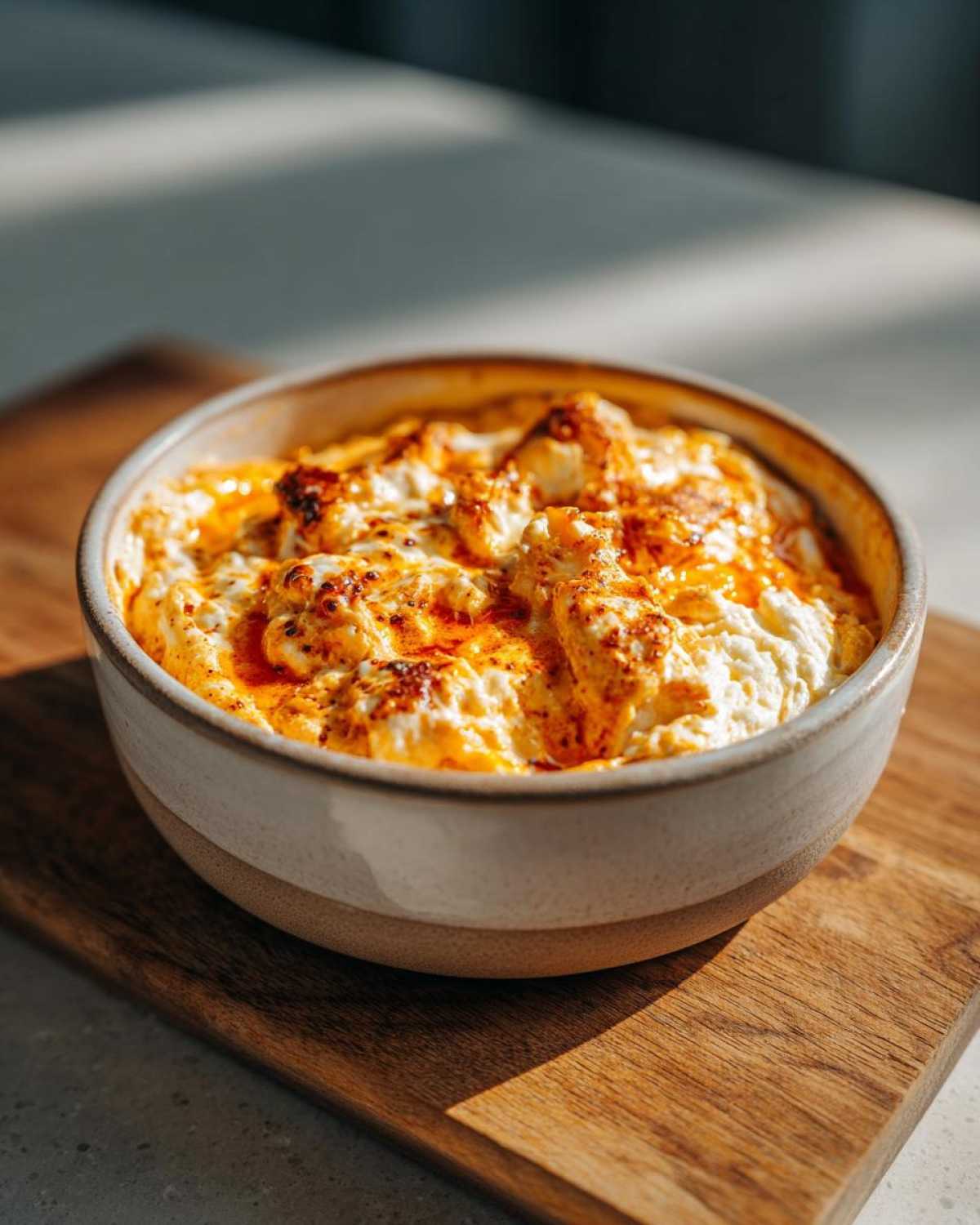 A close-up shot of a bowl filled with creamy crockpot buffalo chicken dip, showing melted cheese and visible buffalo sauce.