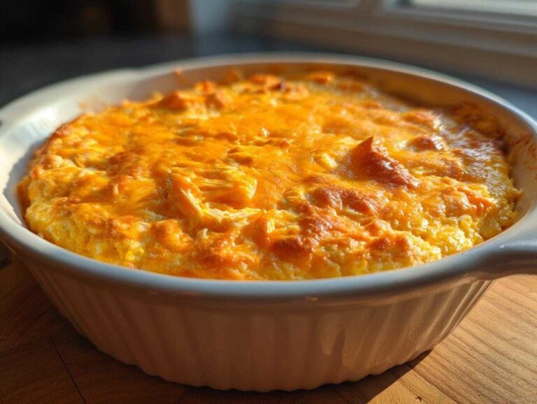 A close-up of a bubbling crockpot buffalo chicken dip with a golden-brown, melted cheese topping in a white baking dish.