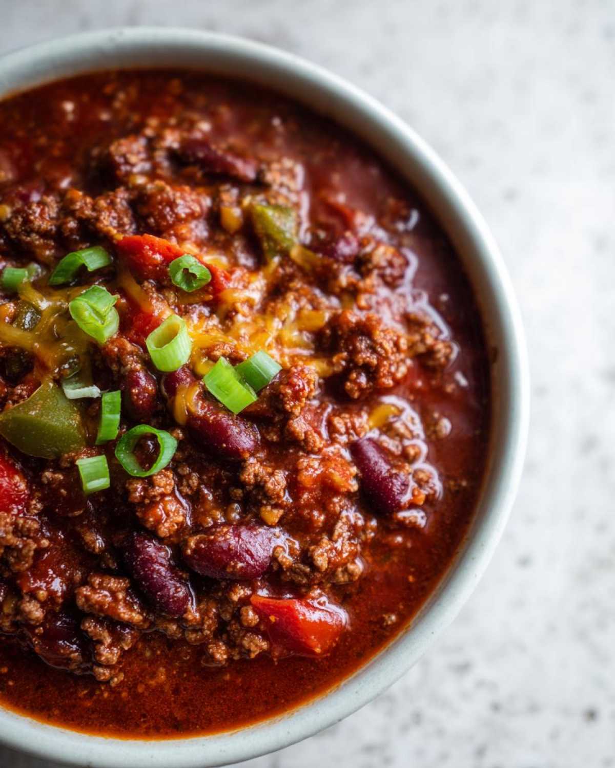 Overhead view of a bowl of crockpot chili with beef, beans, peppers, cheese, and green onions.