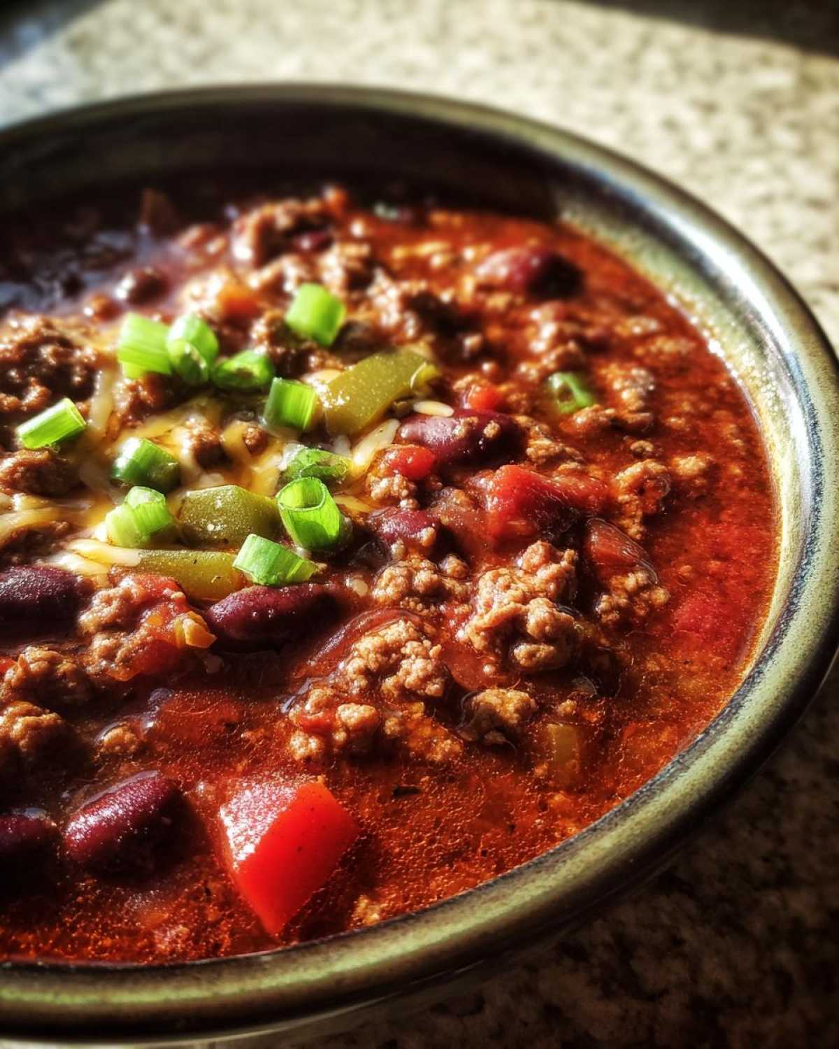 Close-up of a bowl of crockpot chili, topped with cheese and green onions. Rich and flavorful.
