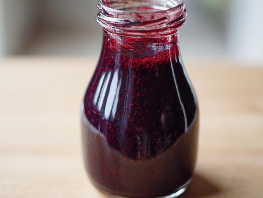 Close-up of a glass bottle filled with dark purple homemade elderberry syrup recipe.