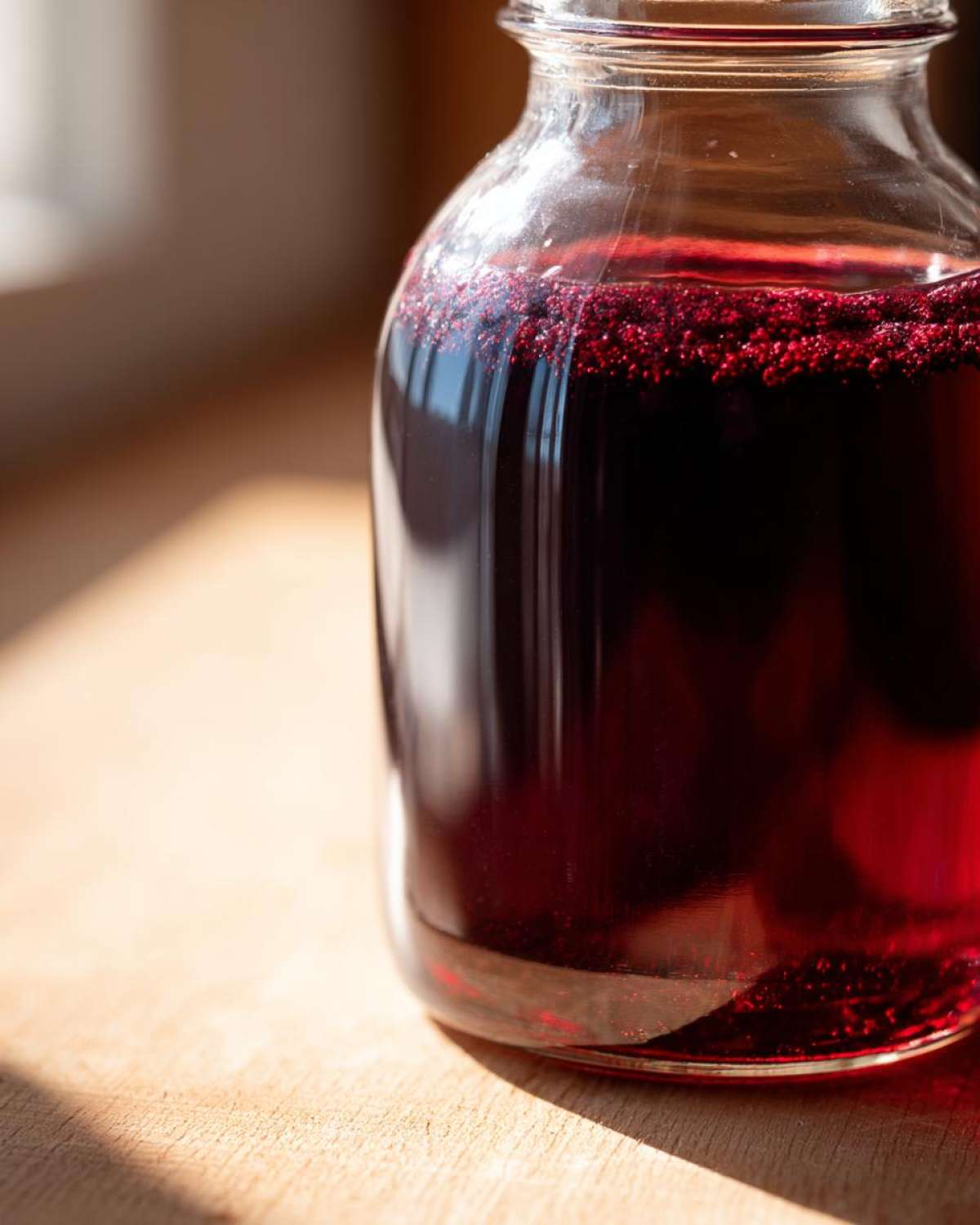 Close-up of a glass jar filled with dark red elderberry syrup recipe on a wooden surface, lit by sunlight.