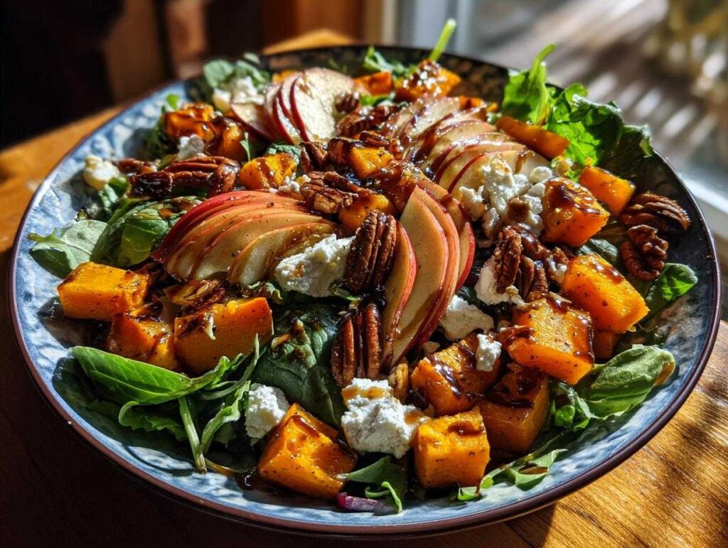 A vibrant fall salad featuring butternut squash, apple slices, pecans, goat cheese, and maple dressing.