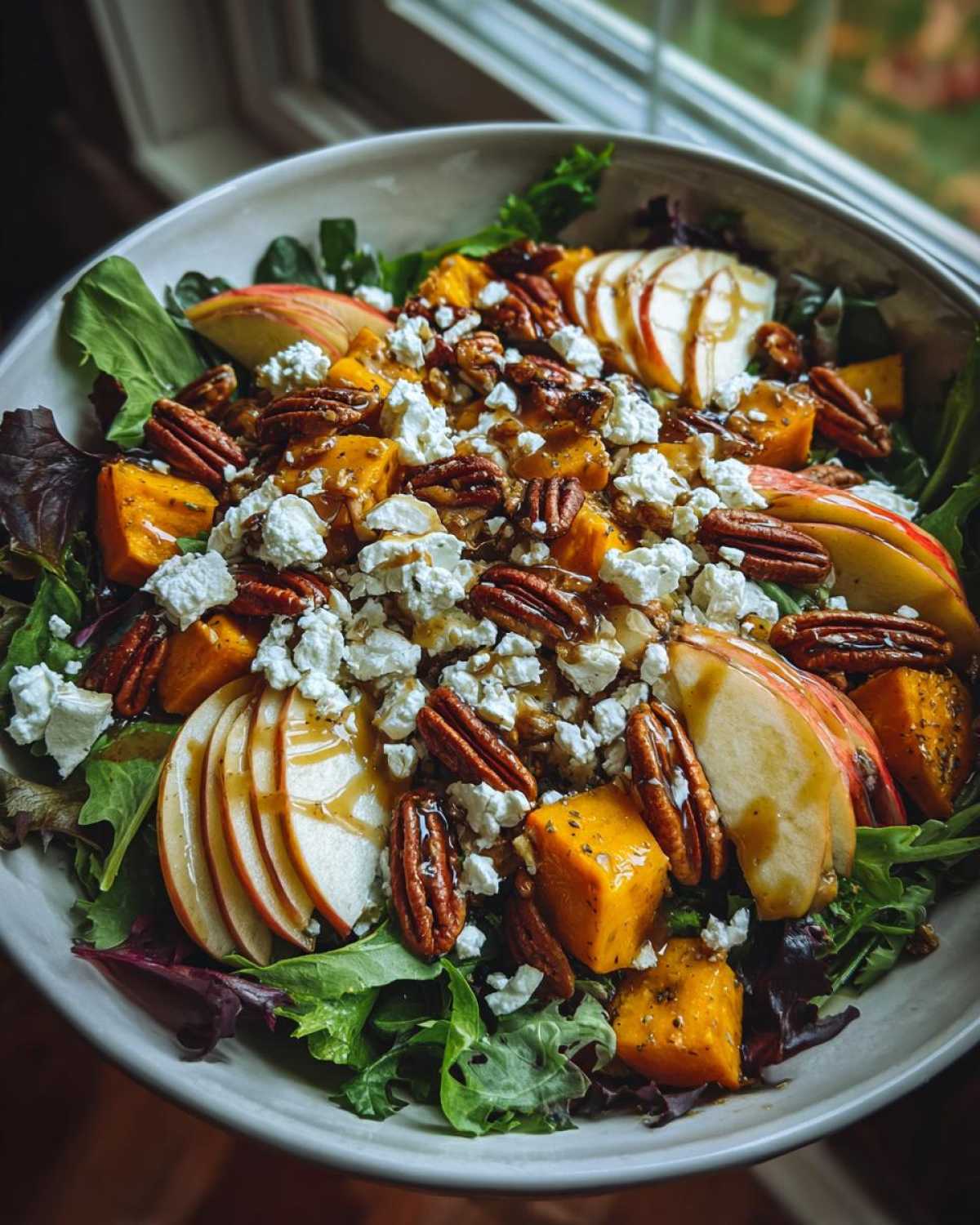 Overhead view of a vibrant fall salad with apples, butternut squash, pecans, goat cheese, and maple dressing.