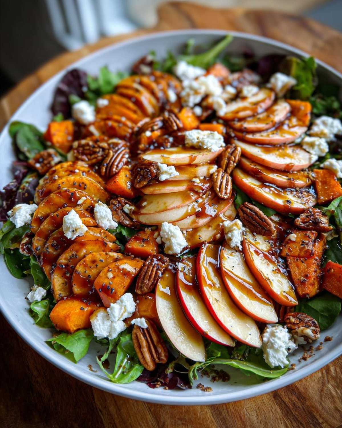 Overhead view of a vibrant fall salad with apples, sweet potatoes, pecans, goat cheese, and maple dressing.