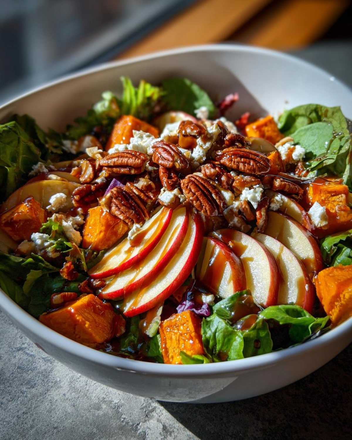 A vibrant fall salad featuring apples, pecans, sweet potato, feta, and maple dressing.