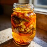 A glass jar filled with ingredients for a homemade fire cider recipe, including peppers, garlic, and other spices.