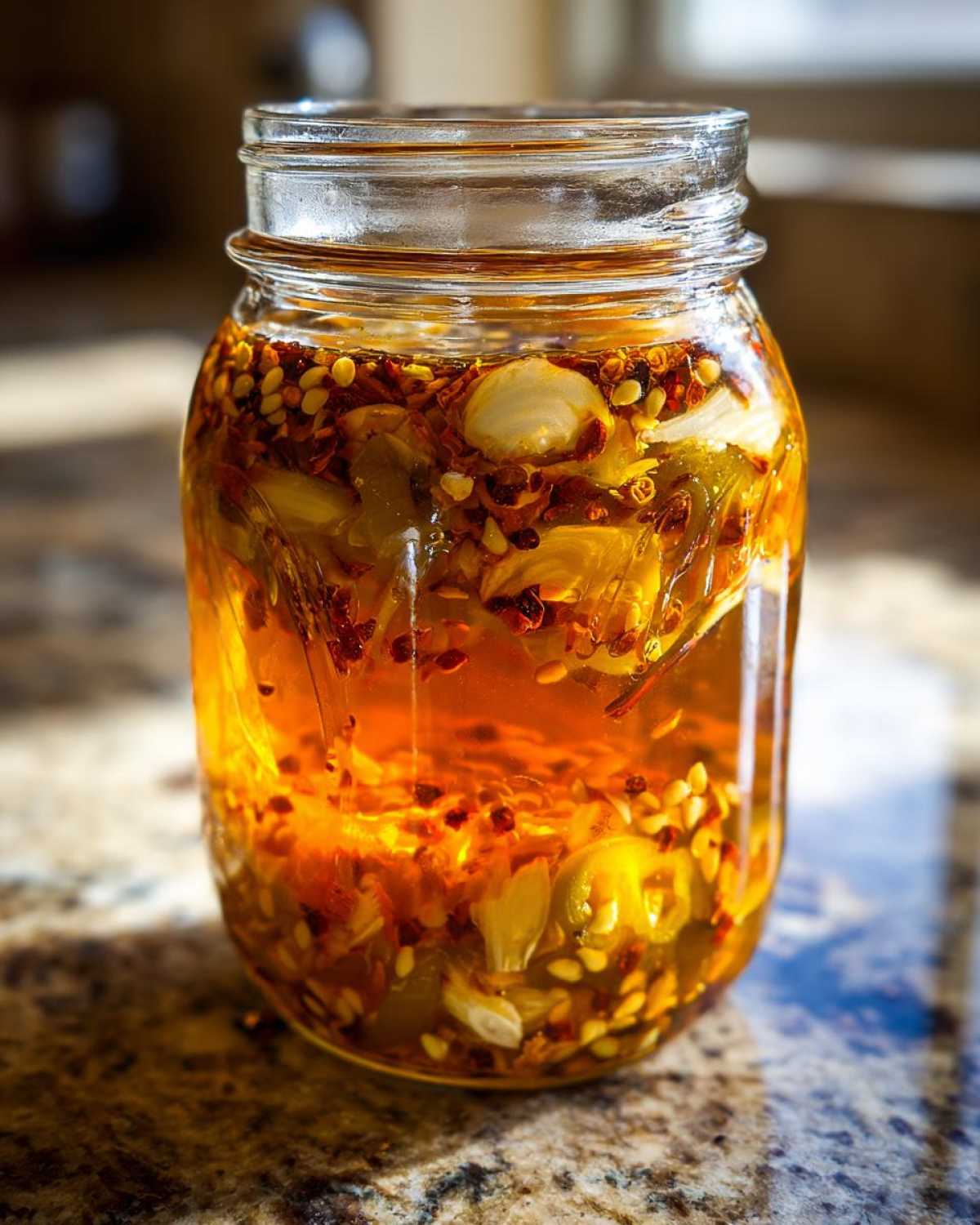 A glass jar filled with ingredients for a homemade fire cider recipe, including garlic, peppers, and spices.
