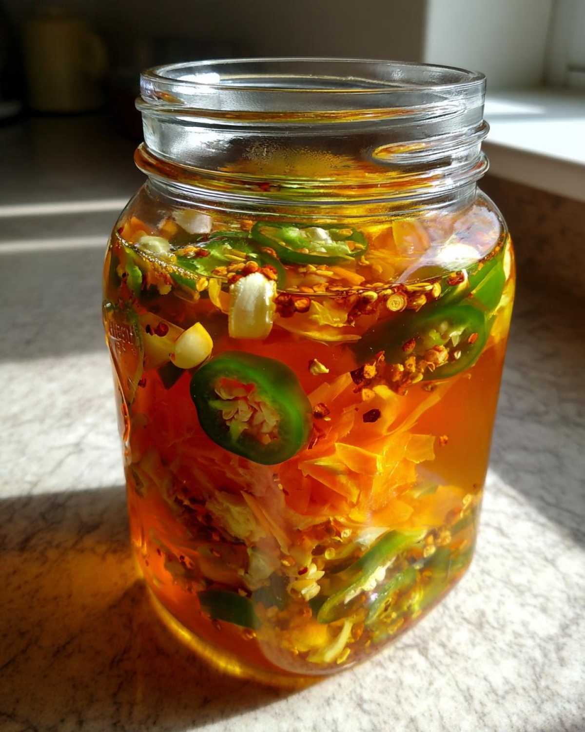 Close-up of a glass jar filled with ingredients for a fire cider recipe, including peppers, garlic, and liquid.