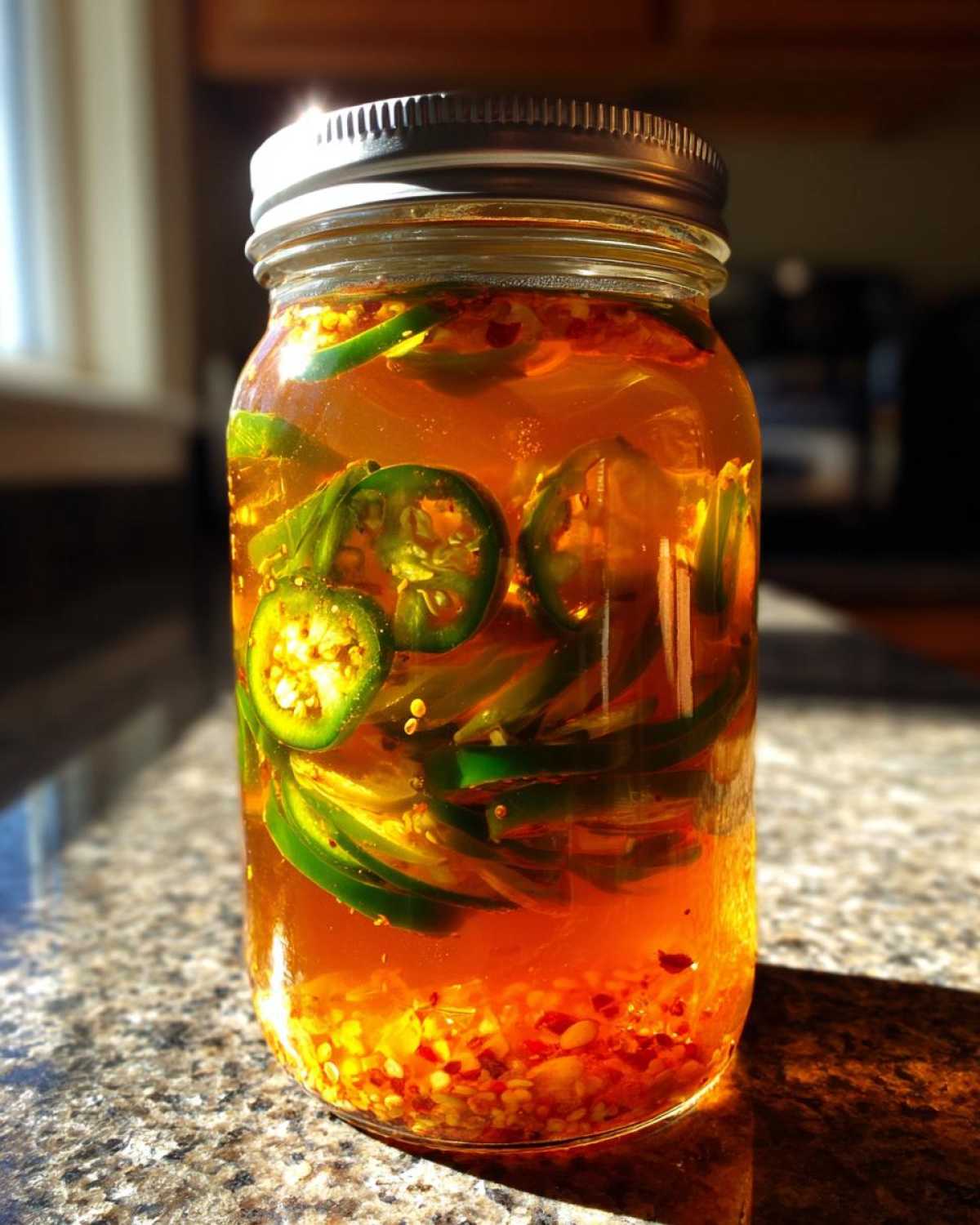 Glass jar filled with ingredients for a homemade fire cider recipe, including peppers and liquid.