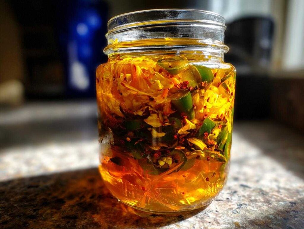 Close-up of a mason jar filled with ingredients for a homemade fire cider recipe, including peppers and roots.