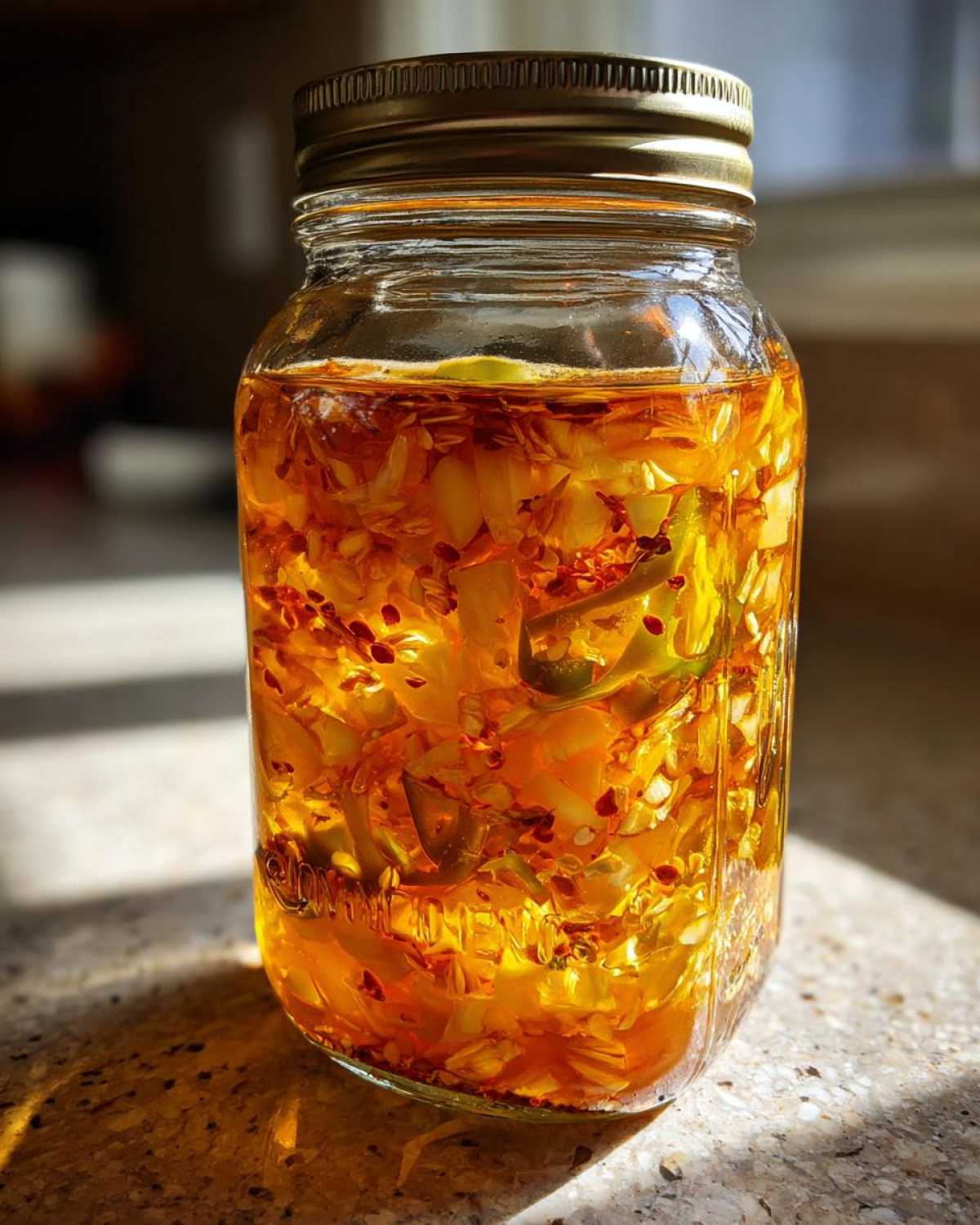 A mason jar filled with ingredients for a homemade fire cider recipe, including peppers and herbs.