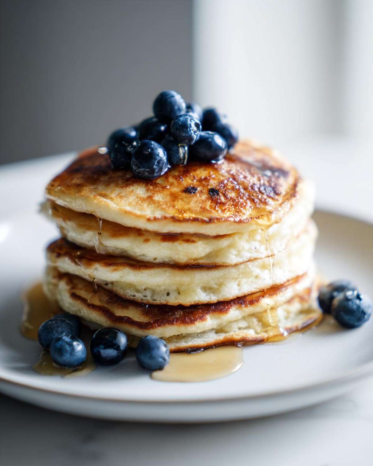 A stack of golden-brown protein pancakes topped with fresh blueberries and drizzled with maple syrup on a white plate.