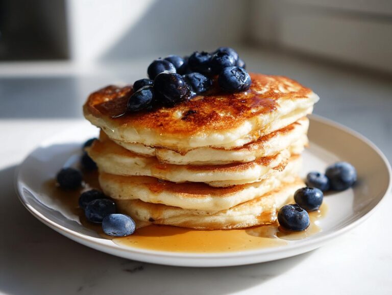 A stack of golden brown protein pancakes topped with fresh blueberries and drizzled with maple syrup on a white plate.